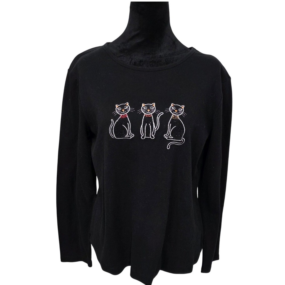 Mountain Lake Black‎ Long Sleeve Rhinestone Cat Graphic Top Large Halloween